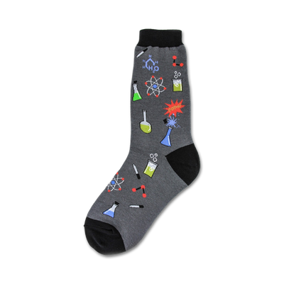 gray crew socks with colorful chemistry-related images, including beakers, test tubes, atoms, and molecules.   