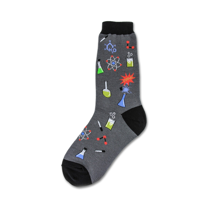 gray crew socks with colorful chemistry-related images, including beakers, test tubes, atoms, and molecules.    }}