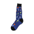 A blue crew sock with colorful science-themed designs including beakers, test tubes, atoms, and molecules.  A black cuff tops the sock.