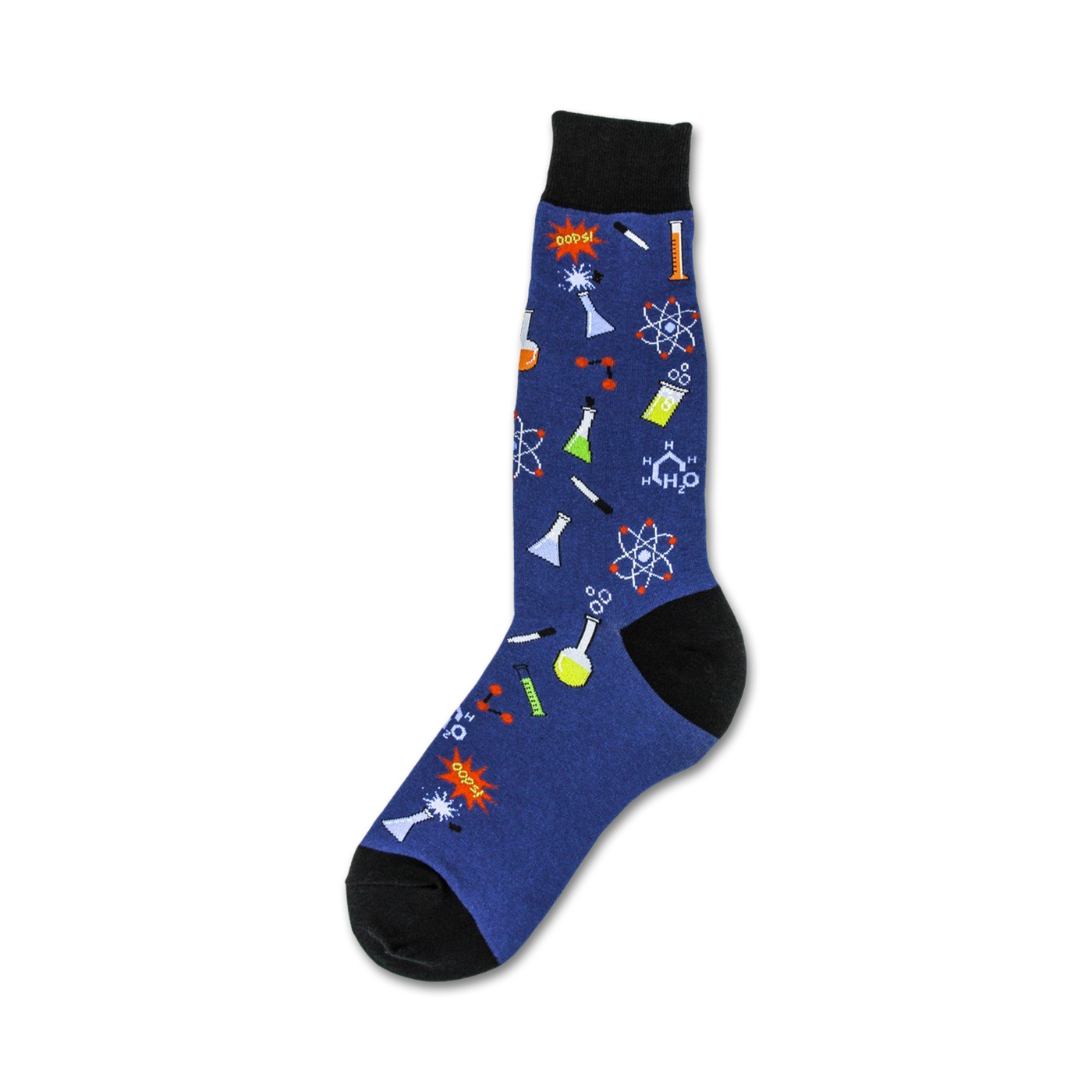 A blue crew sock with colorful science-themed designs including beakers, test tubes, atoms, and molecules.  A black cuff tops the sock.