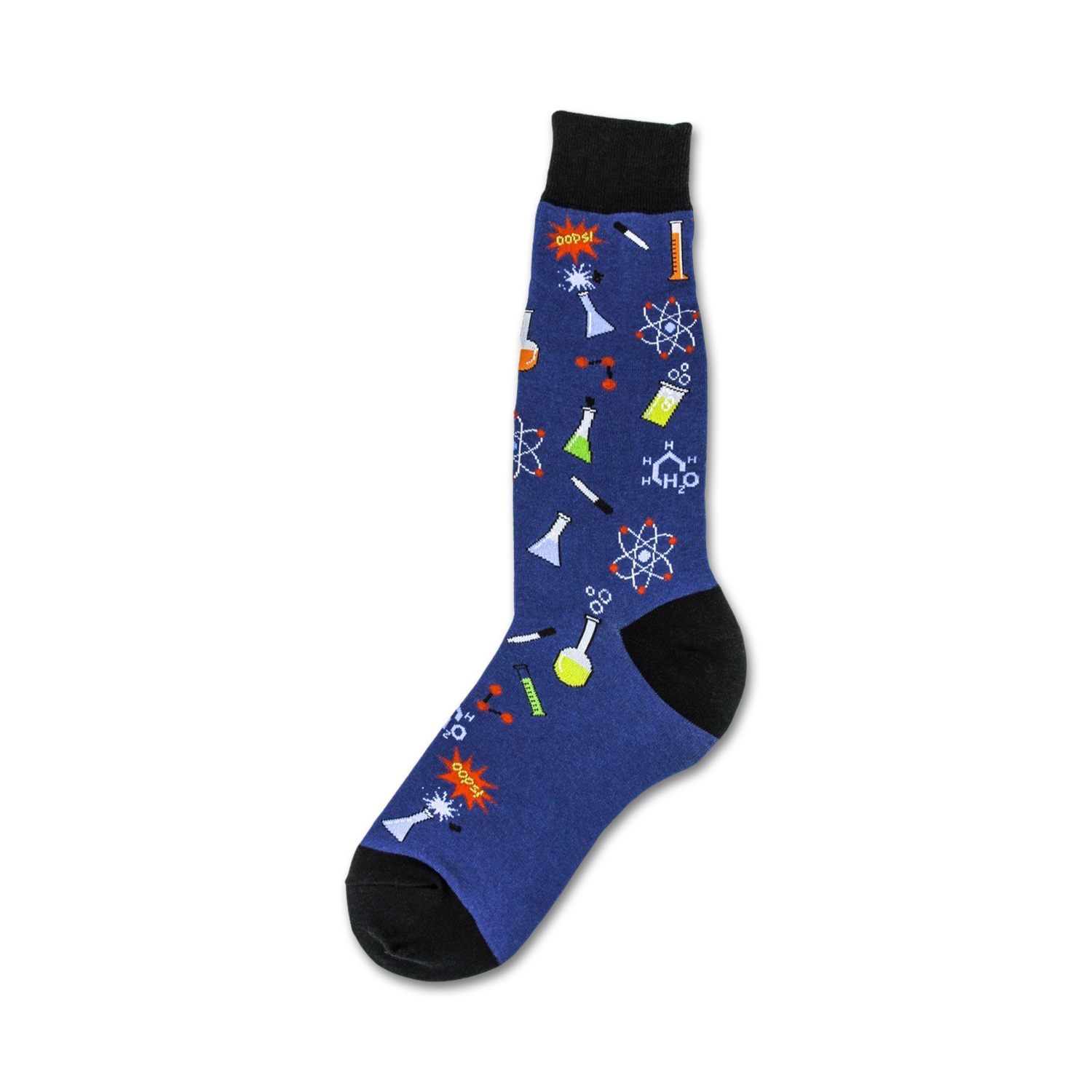 A blue crew sock with colorful science-themed designs including beakers, test tubes, atoms, and molecules.  A black cuff tops the sock.