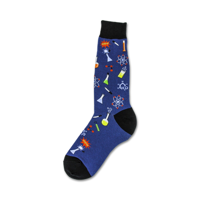 blue crew socks for men with beaker, test tube, flask, and atom designs.   