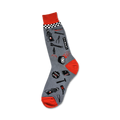 Grey crew socks with red accents. Features a checkered cuff and various automotive repair tools and icons.