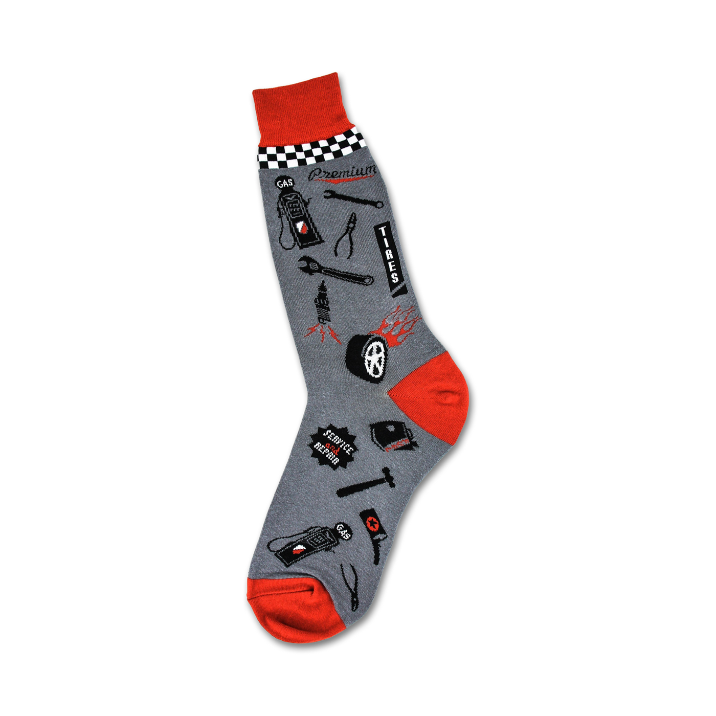 Grey crew socks with red accents. Features a checkered cuff and various automotive repair tools and icons.