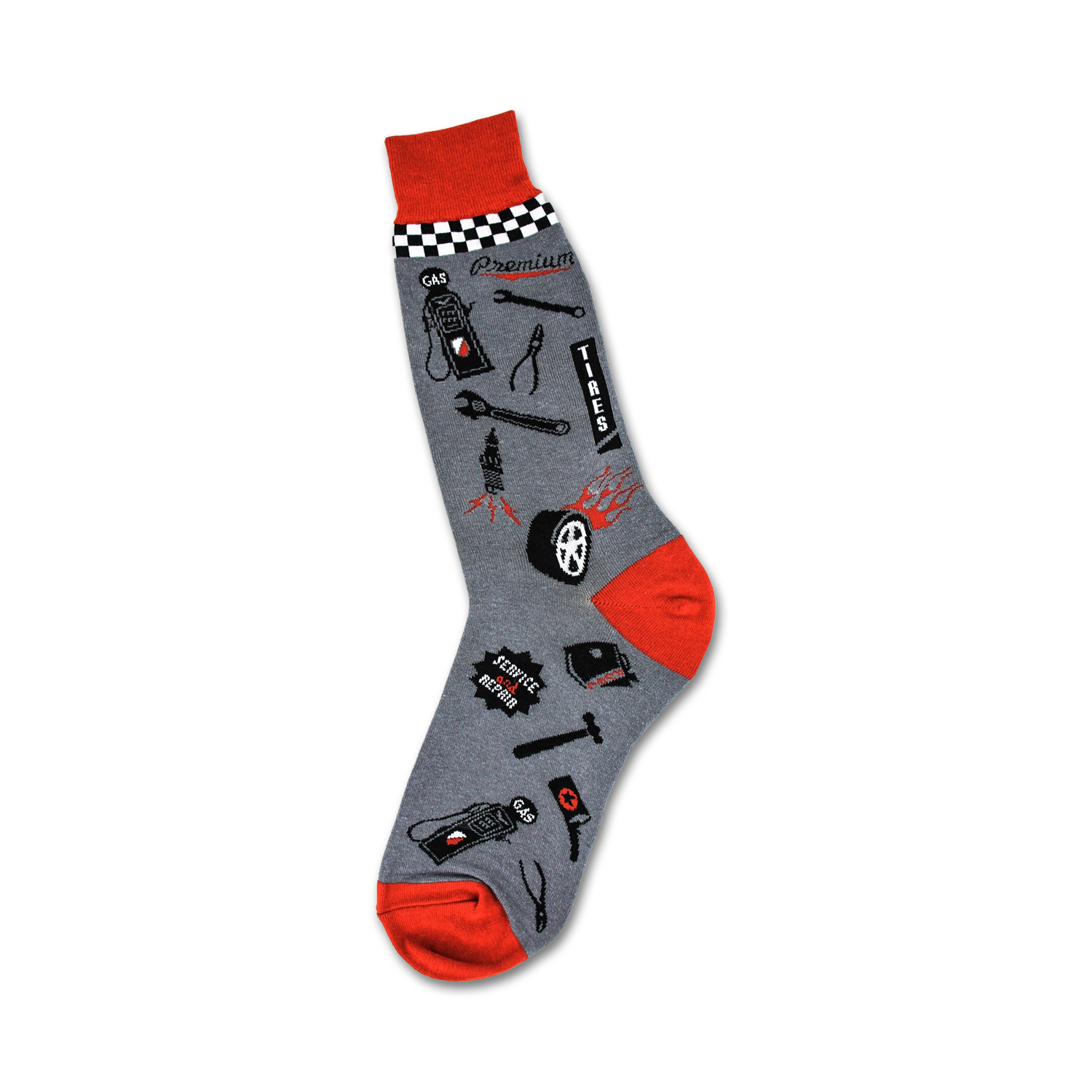 Grey crew socks with red accents. Features a checkered cuff and various automotive repair tools and icons.