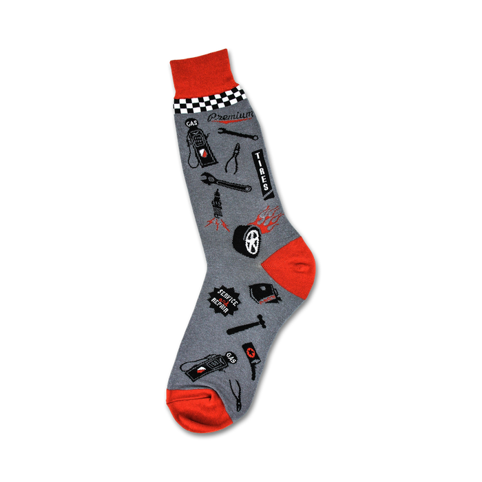 gray mens crew mechanics socks with red accents }}