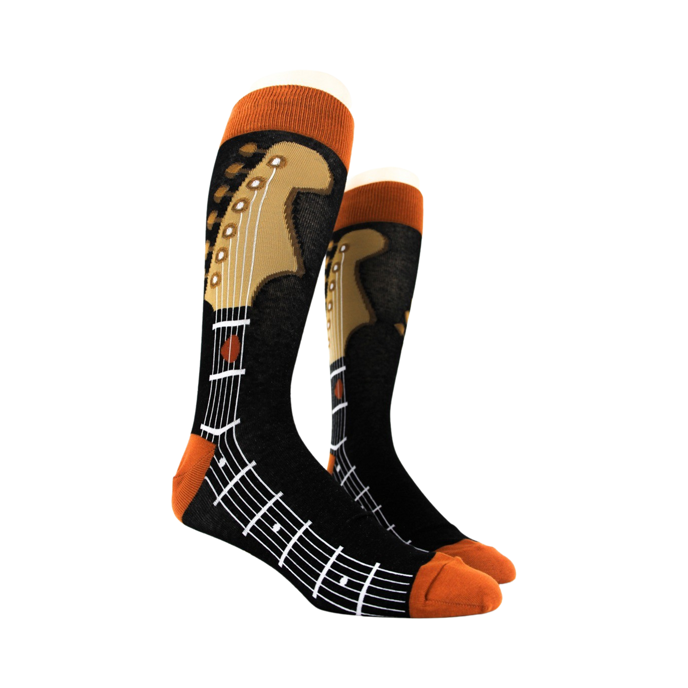 Pair of Guitar Neck socks on a mannequin, showcasing the full design.