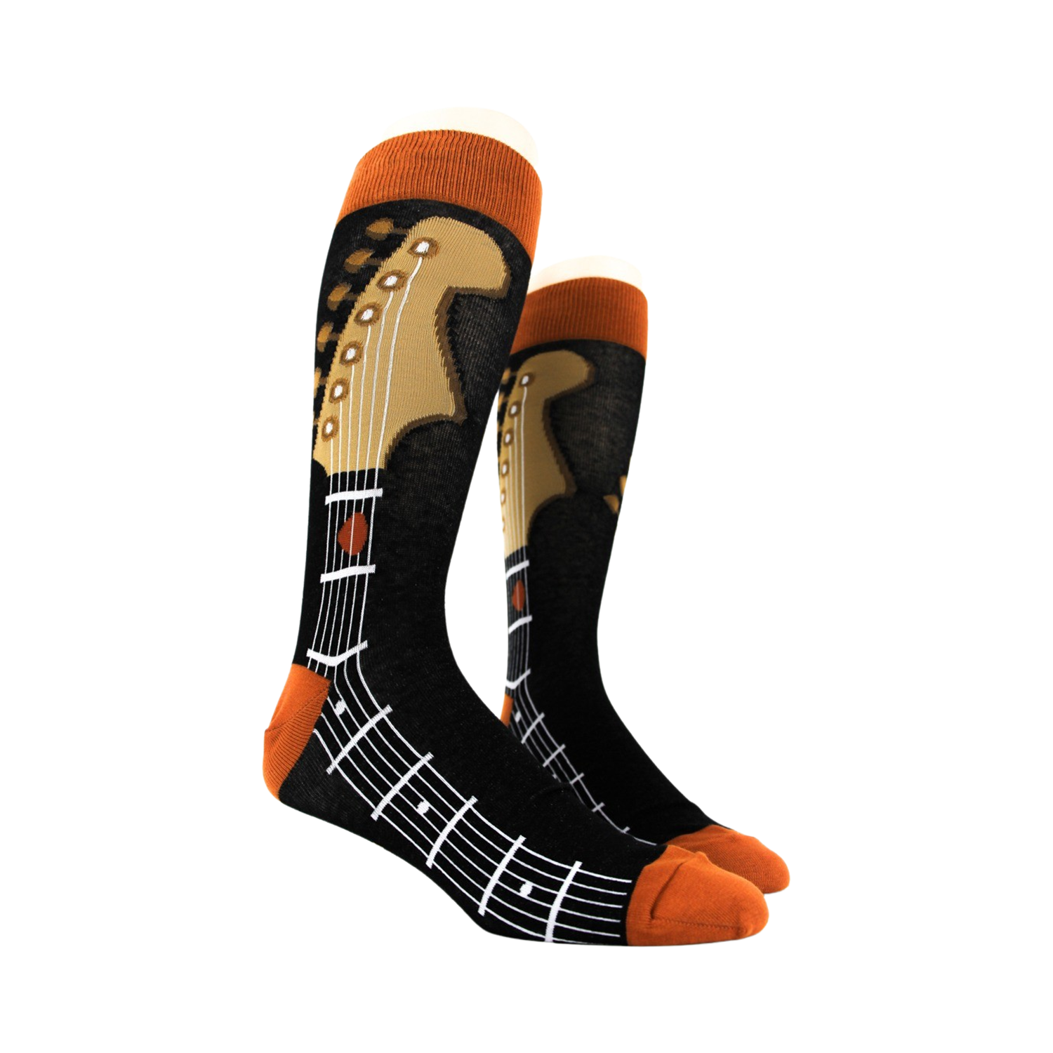 Pair of Guitar Neck socks on a mannequin, showcasing the full design.
