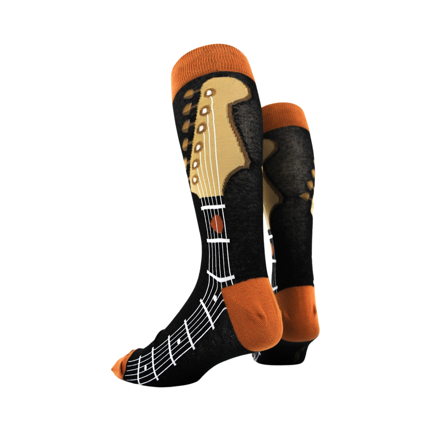 Back view of Guitar Neck socks highlighting the design details on the heel and sole.