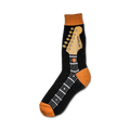 A close-up of black crew socks with an orange guitar neck design. The guitar's headstock and fretboard are detailed on the socks.