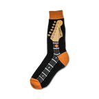 A close-up of black crew socks with an orange guitar neck design. The guitar's headstock and fretboard are detailed on the socks.