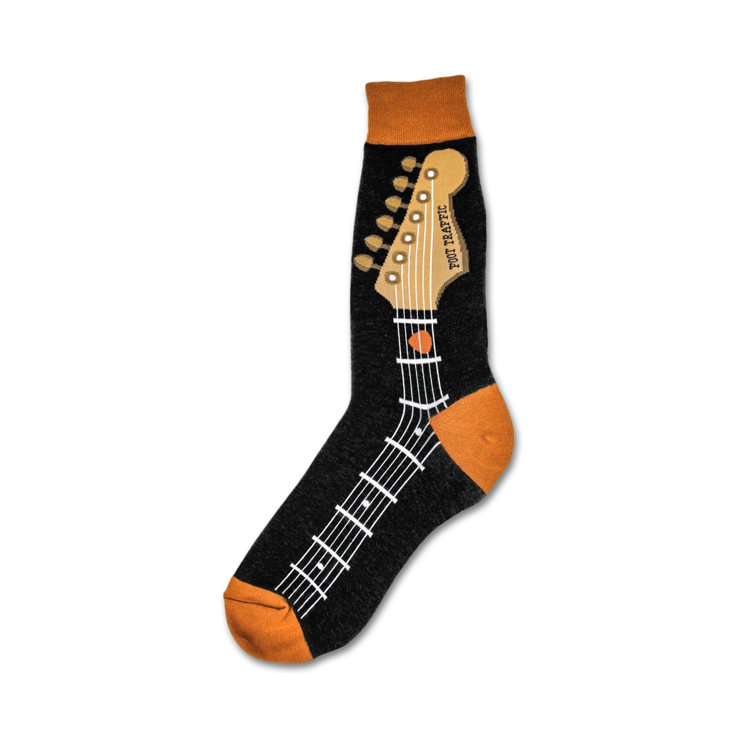 A close-up of black crew socks with an orange guitar neck design. The guitar's headstock and fretboard are detailed on the socks.