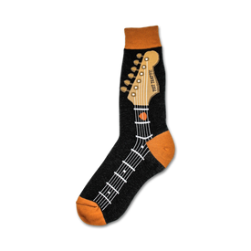 black crew socks with orange top and guitar neck design. fun and stylish socks perfect for musicians or music lovers.  
