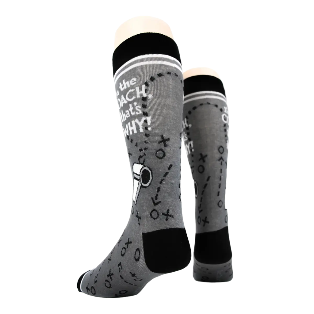 Back view of 'I'm the Coach' socks on a mannequin, highlighting the back design.
