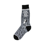 Gray and black crew socks featuring a playbook design, whistle graphic, and the text 'I'm the Coach, that's why!'