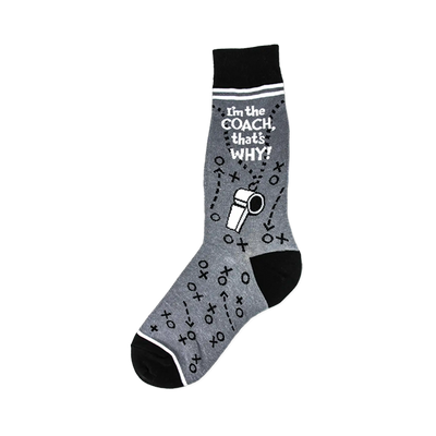 Gray and black crew socks featuring a playbook design, whistle graphic, and the text 'I'm the Coach, that's why!'