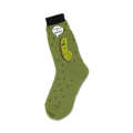 Olive green crew socks with dark green polka dots and a cartoon pickle graphic saying, 'I'm kind of a big dill!'