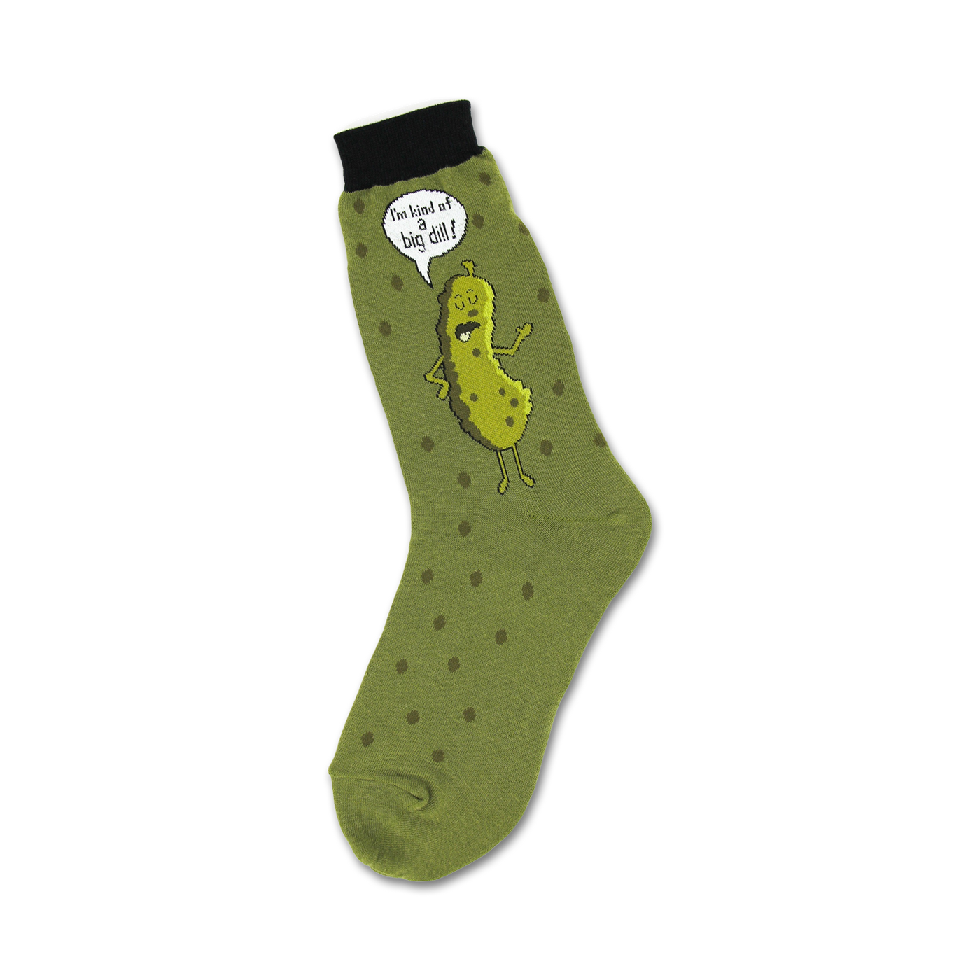 Olive green crew socks with dark green polka dots and a cartoon pickle graphic saying, 'I'm kind of a big dill!'