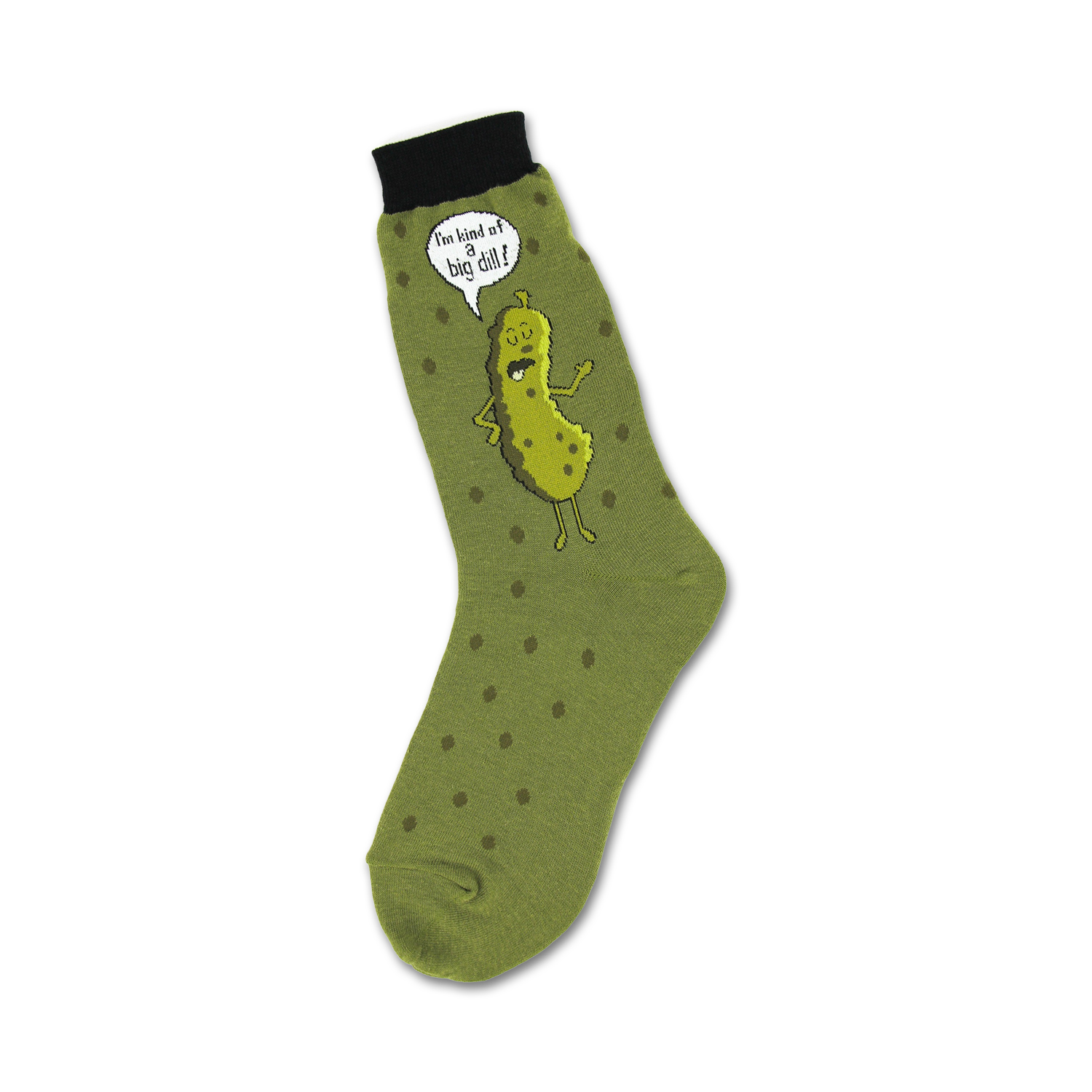 Olive green crew socks with dark green polka dots and a cartoon pickle graphic saying, 'I'm kind of a big dill!'