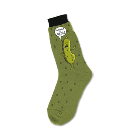 women's "i'm kind of a big dill" crew socks feature a cartoon pickle on a green polka dot background  