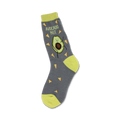 Crew socks in grey and lime green, featuring a cartoon avocado with tortilla chip accents and the phrase 'Avocado Nut'.