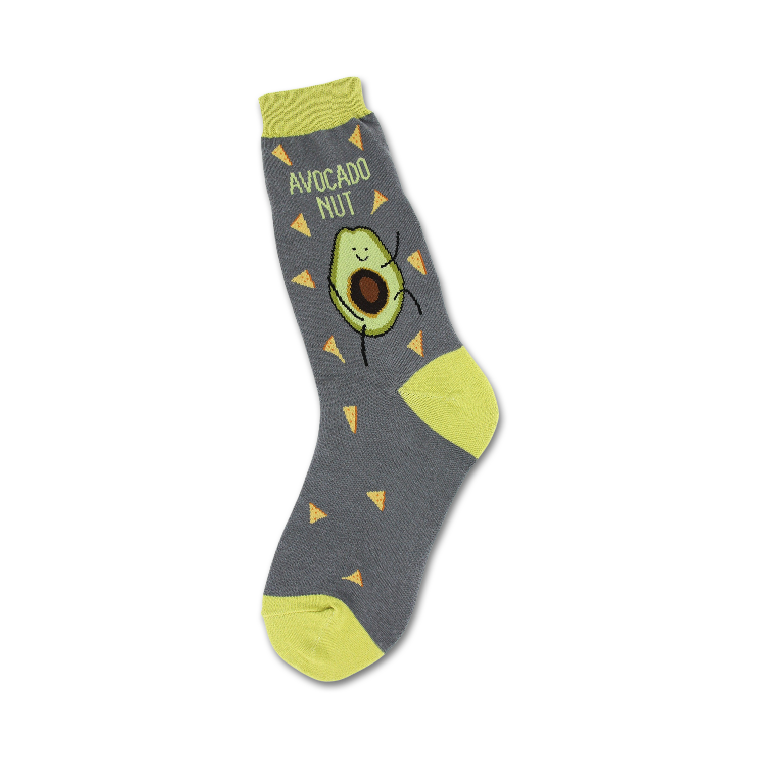Crew socks in grey and lime green, featuring a cartoon avocado with tortilla chip accents and the phrase 'Avocado Nut'.
