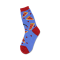 Crew socks in blue with red accents, displaying pepperoni pizza slices and scattered pepperoni.