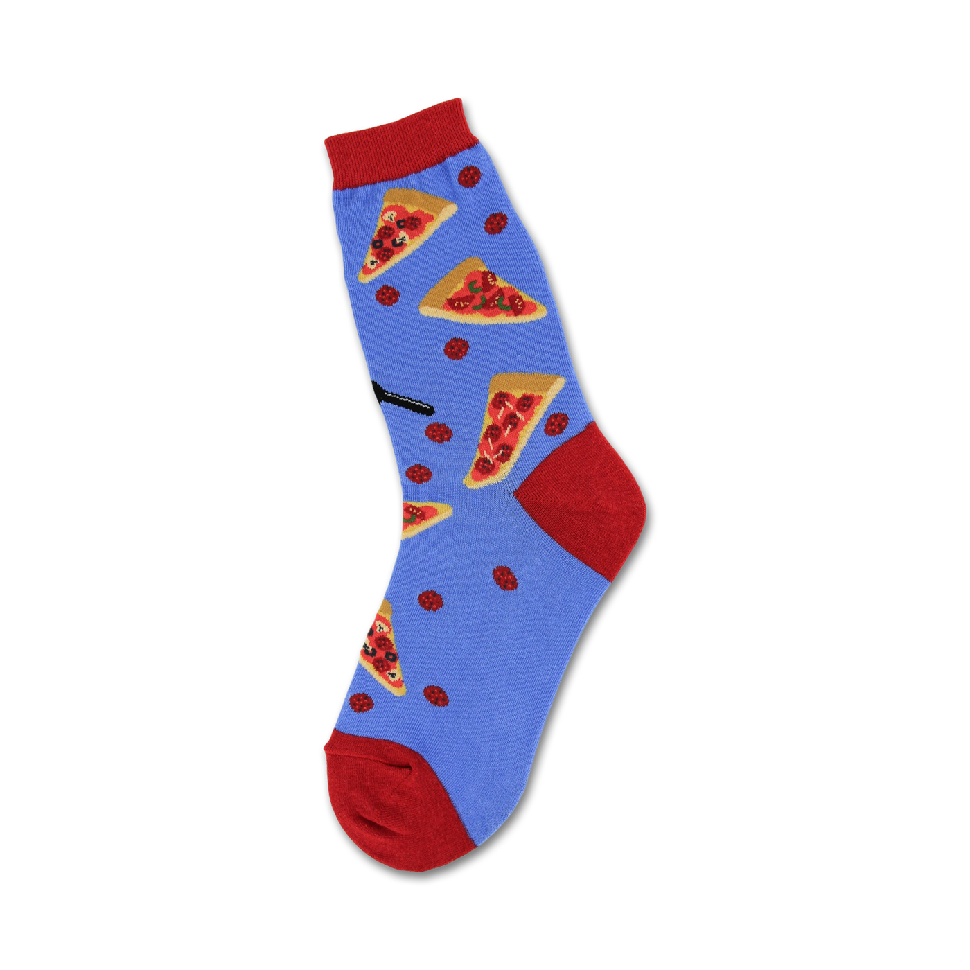 Crew socks in blue with red accents, displaying pepperoni pizza slices and scattered pepperoni.