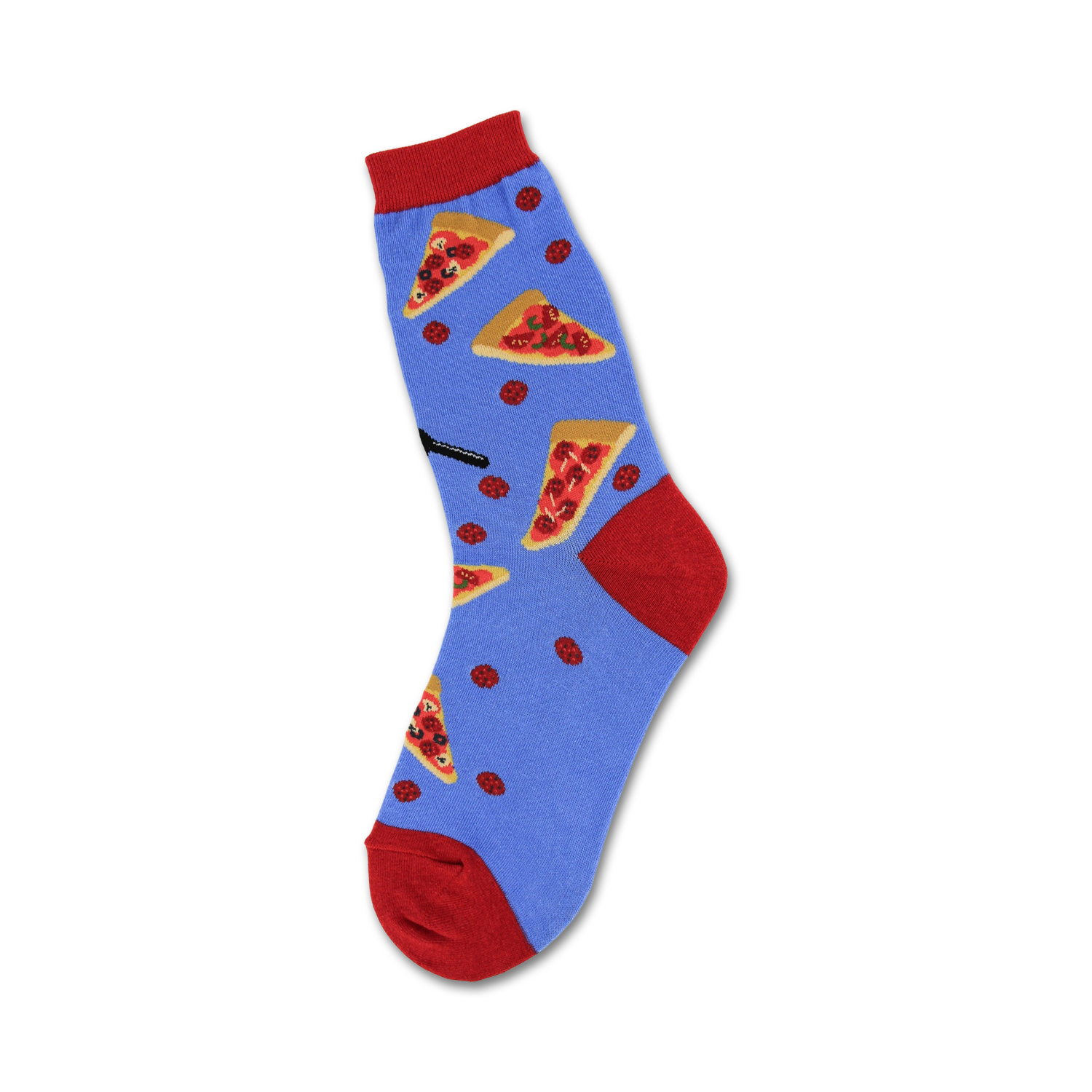 Crew socks in blue with red accents, displaying pepperoni pizza slices and scattered pepperoni.
