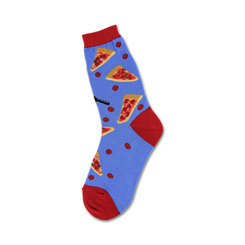crew-length pizza slice socks for women in red, orange, and yellow. 