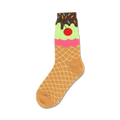 Cream, pink, and brown crew socks featuring an ice cream cone design with sprinkles and a cherry.