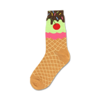 Cream, pink, and brown crew socks featuring an ice cream cone design with sprinkles and a cherry.
