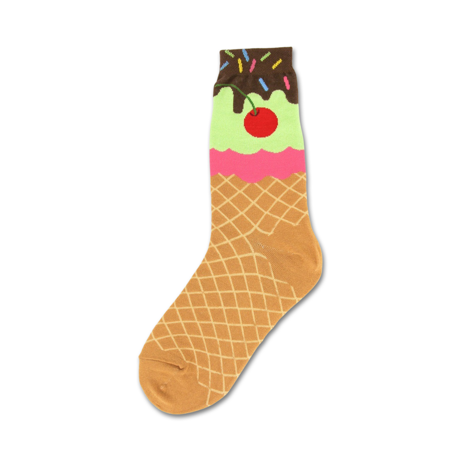 Cream, pink, and brown crew socks featuring an ice cream cone design with sprinkles and a cherry.