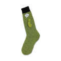 Olive green crew socks with dark green polka dots and a cartoon pickle graphic that says, 'I'm kind of a big dill!'