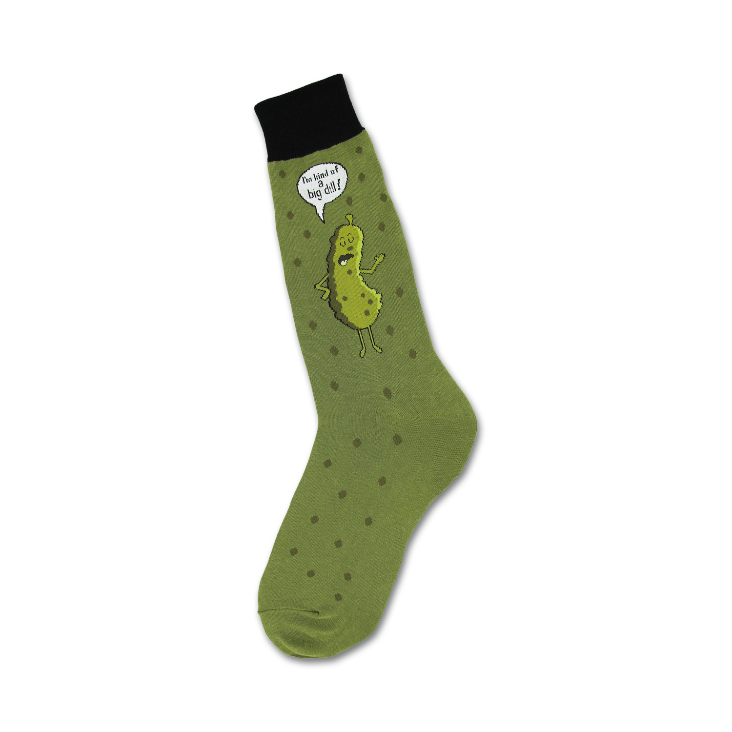Olive green crew socks with dark green polka dots and a cartoon pickle graphic that says, 'I'm kind of a big dill!'