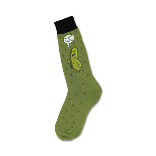 Olive green crew socks with dark green polka dots and a cartoon pickle graphic that says, 'I'm kind of a big dill!'