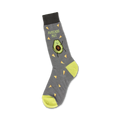 Crew socks in gray with a lime green cuff.  The design includes a cartoon avocado and yellow tortilla chip shapes.