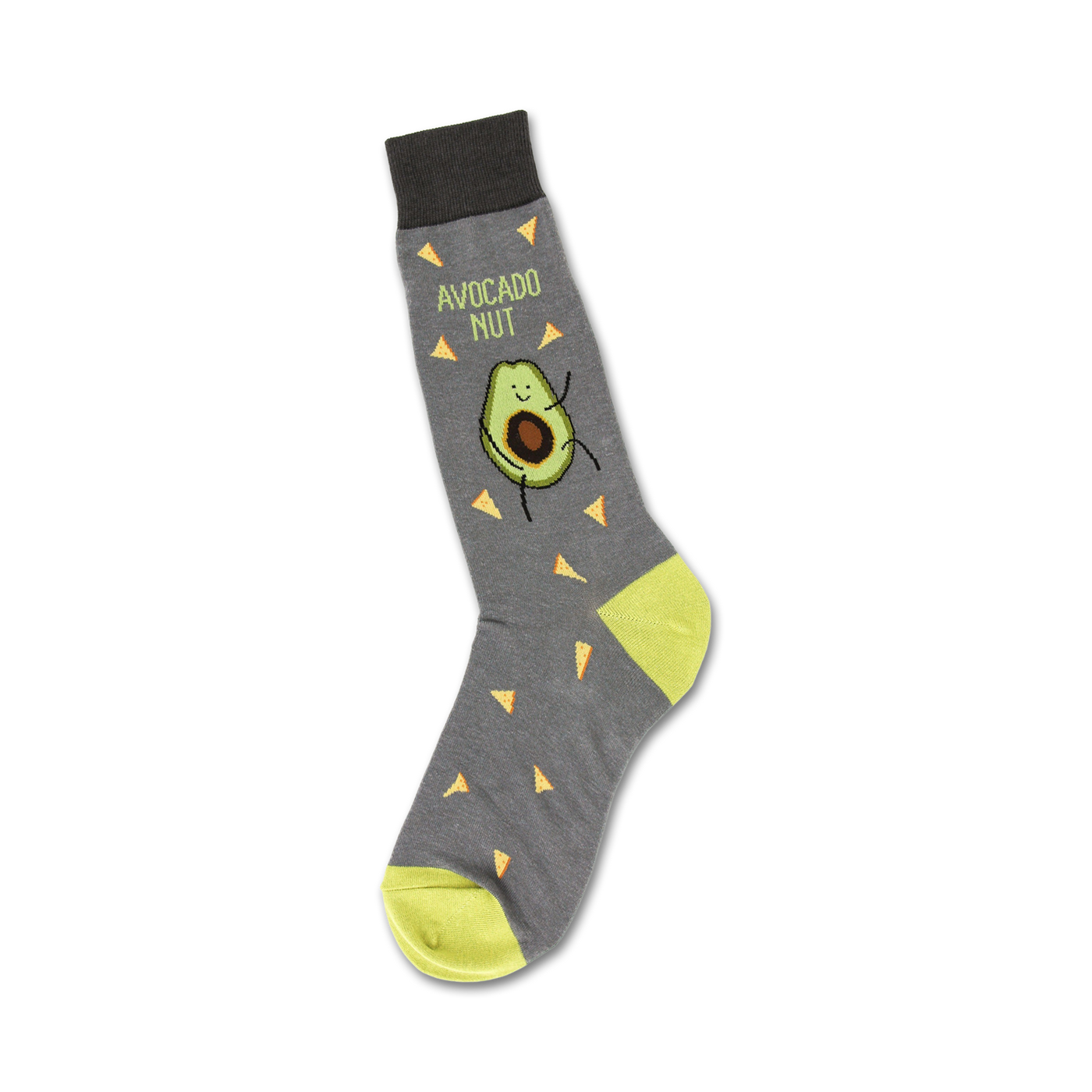 Crew socks in gray with a lime green cuff.  The design includes a cartoon avocado and yellow tortilla chip shapes.