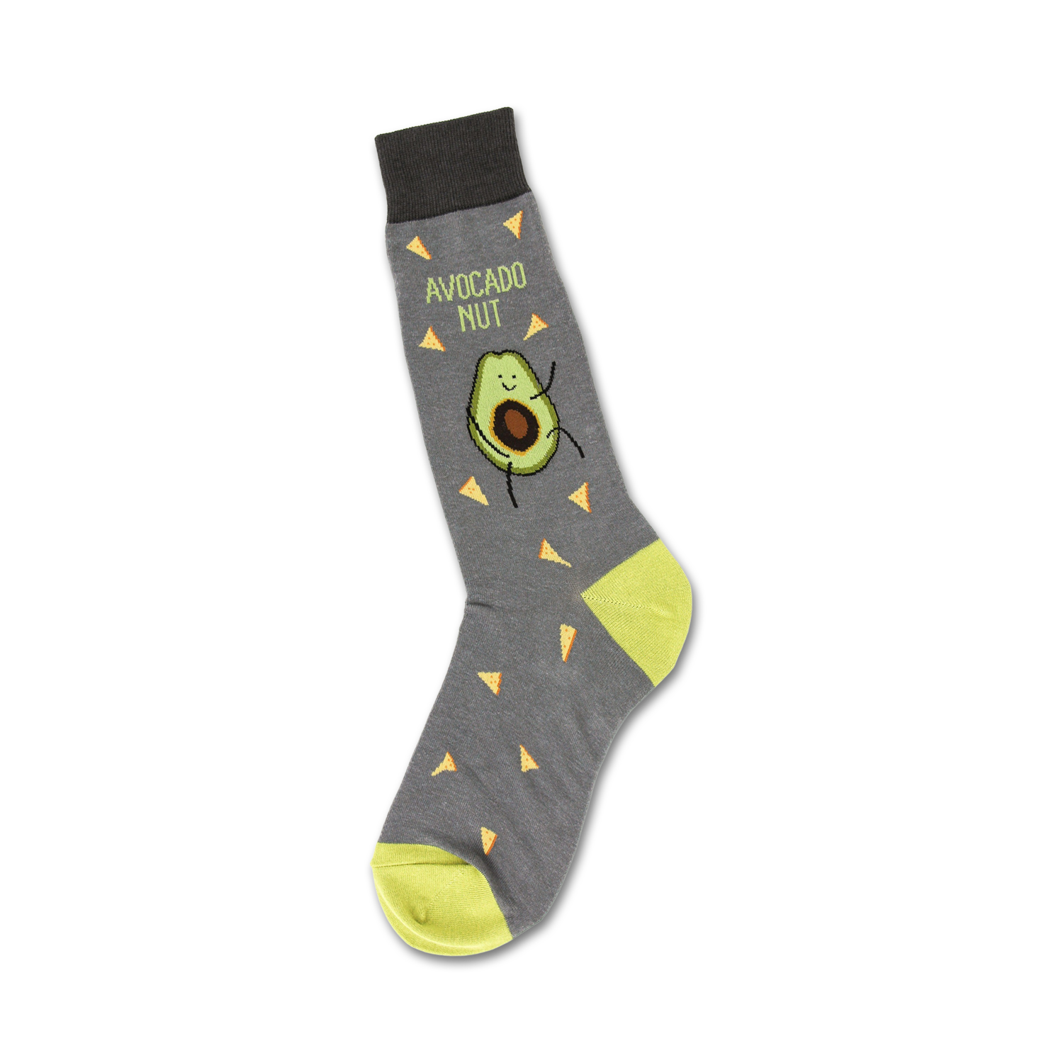 Crew socks in gray with a lime green cuff.  The design includes a cartoon avocado and yellow tortilla chip shapes.