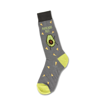 novelty socks featuring a cartoon avocado wearing a sombrero and a serape on a green cuff and yellow toe gray crew sock; words "avocado nut" are written above the avocado.  