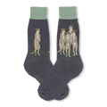 Dark grey crew socks with sage green cuffs featuring meerkats standing upright on small patches of green grass.
