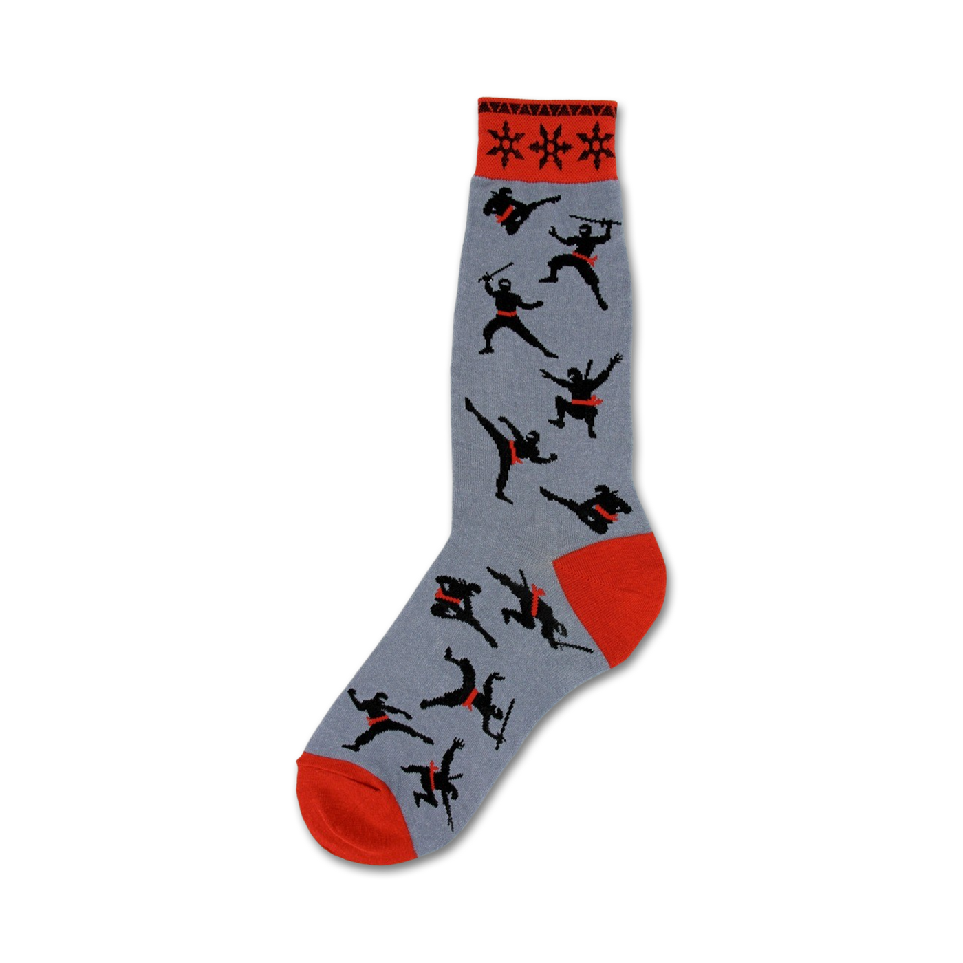 Grey crew socks featuring black ninja silhouettes and red accents.  The sock cuff has a red and black repeating star pattern.