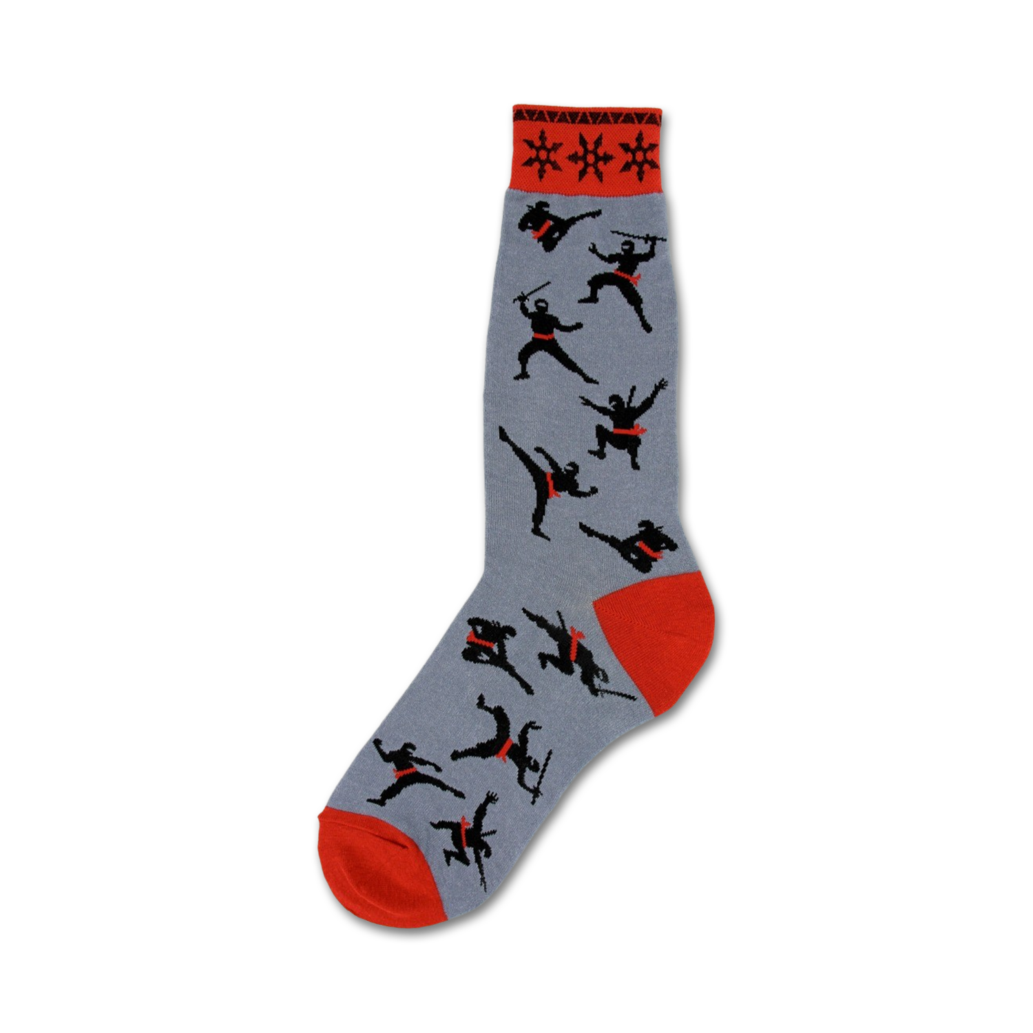 Grey crew socks featuring black ninja silhouettes and red accents.  The sock cuff has a red and black repeating star pattern.