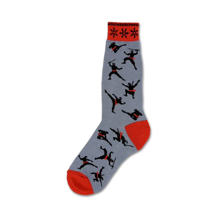 gray crew socks with a pattern of black ninjas wearing red headbands and carrying swords. red toes and heels.  }}