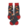 Pair of crew socks in dark gray with red and orange pepperoni pizza slices. Red cuffs.