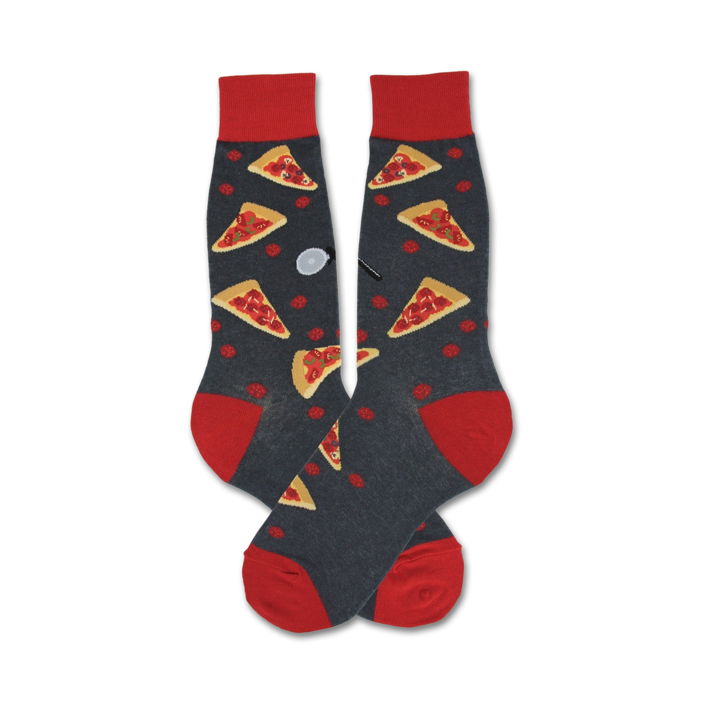 Pair of crew socks in dark gray with red and orange pepperoni pizza slices. Red cuffs.