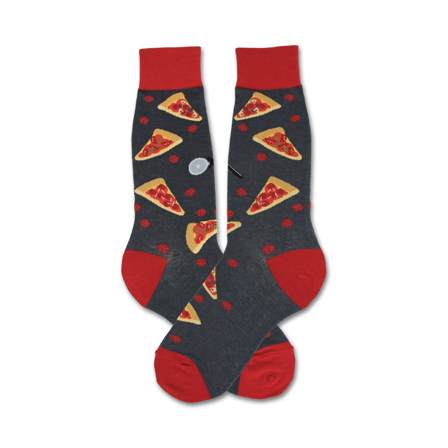 Pair of crew socks in dark gray with red and orange pepperoni pizza slices. Red cuffs.