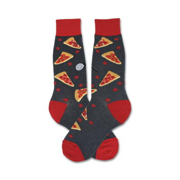 mens pizza slice pattern crew socks with red toe and cuff   