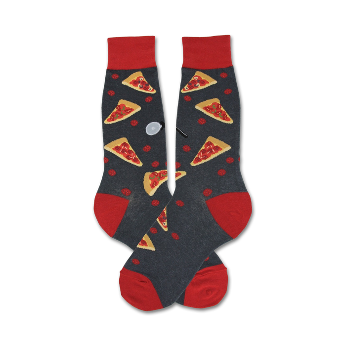 mens pizza slice pattern crew socks with red toe and cuff    }}