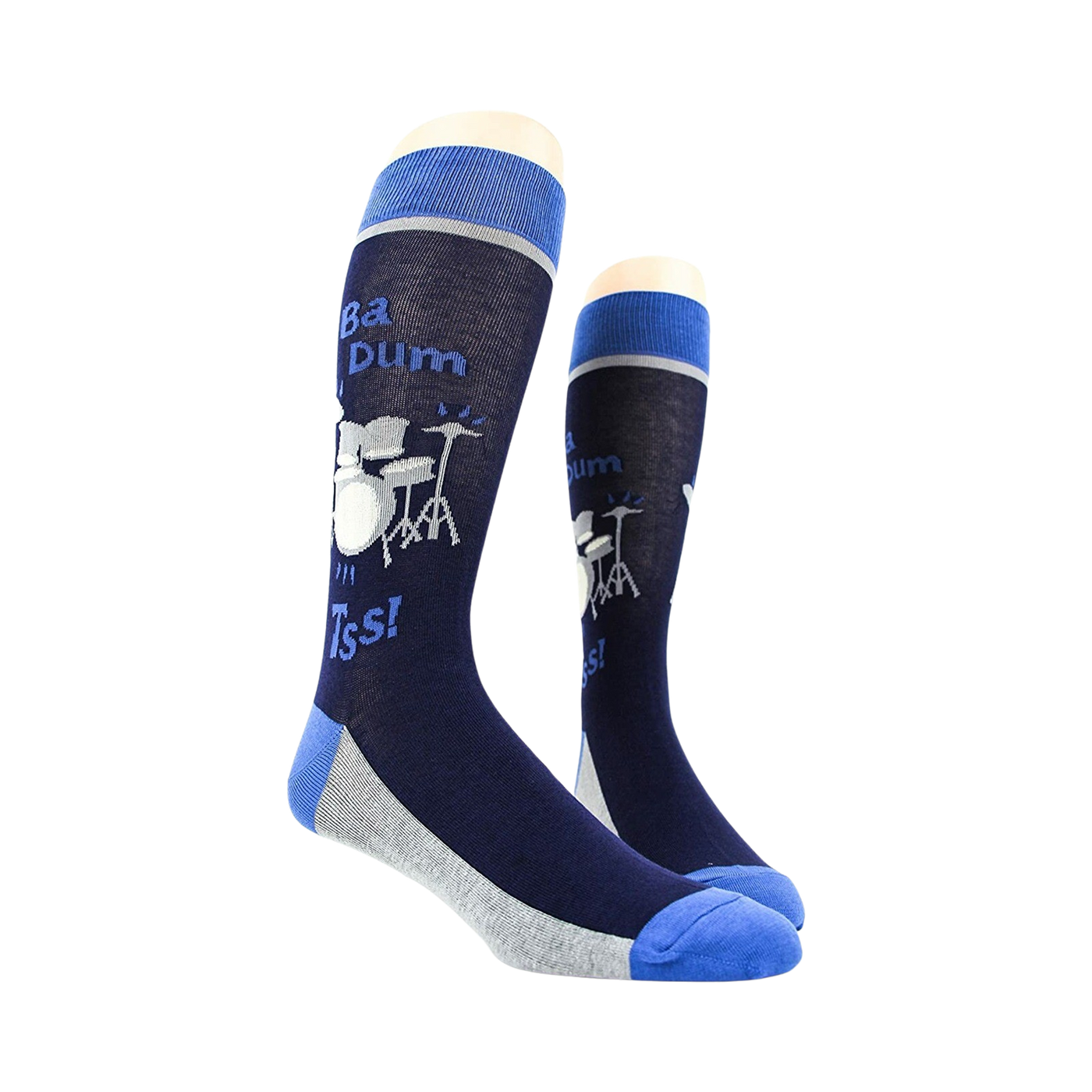 Lifestyle shot of two 'Drum Set' socks on a mannequin, showing the full design.
